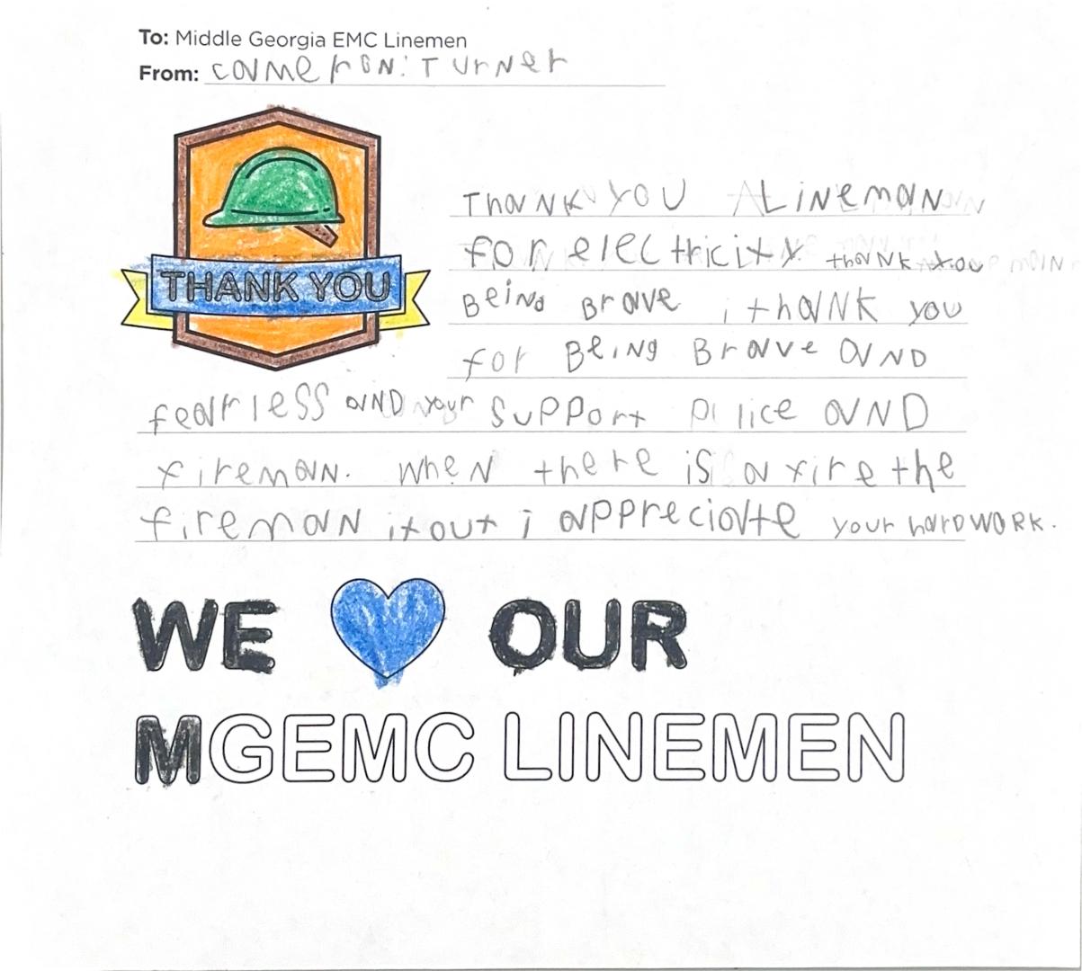 "Thank you, Middle Georgia EMC Linemen" Card from Student
