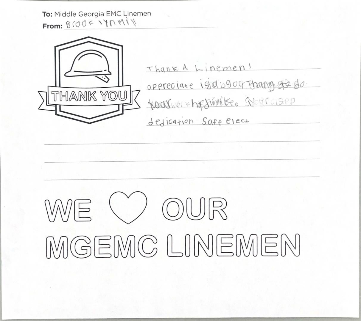 "Thank you, Middle Georgia EMC Linemen" Card from Student