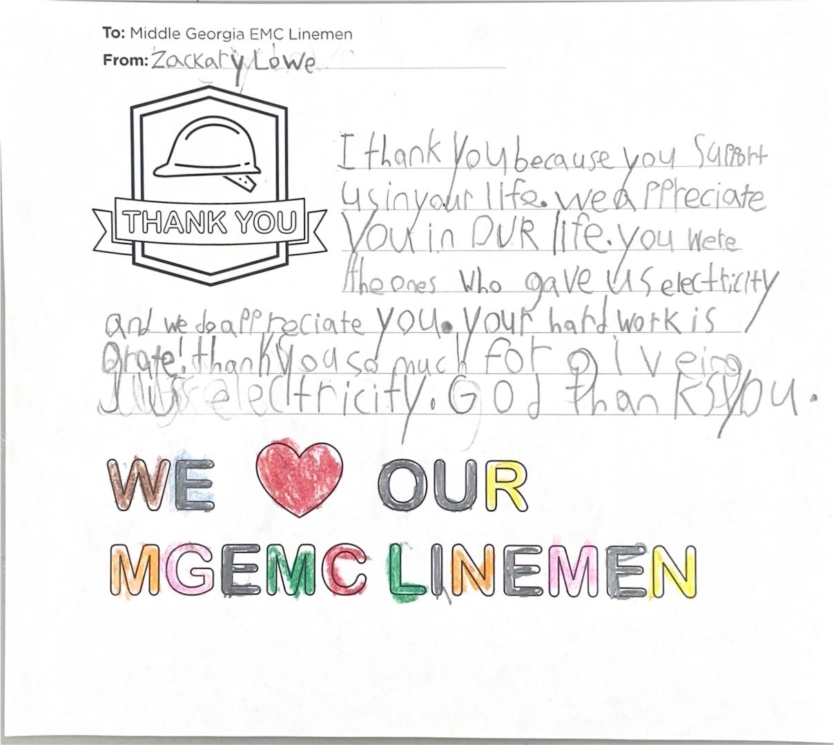 "Thank you, Middle Georgia EMC Linemen" Card from Student