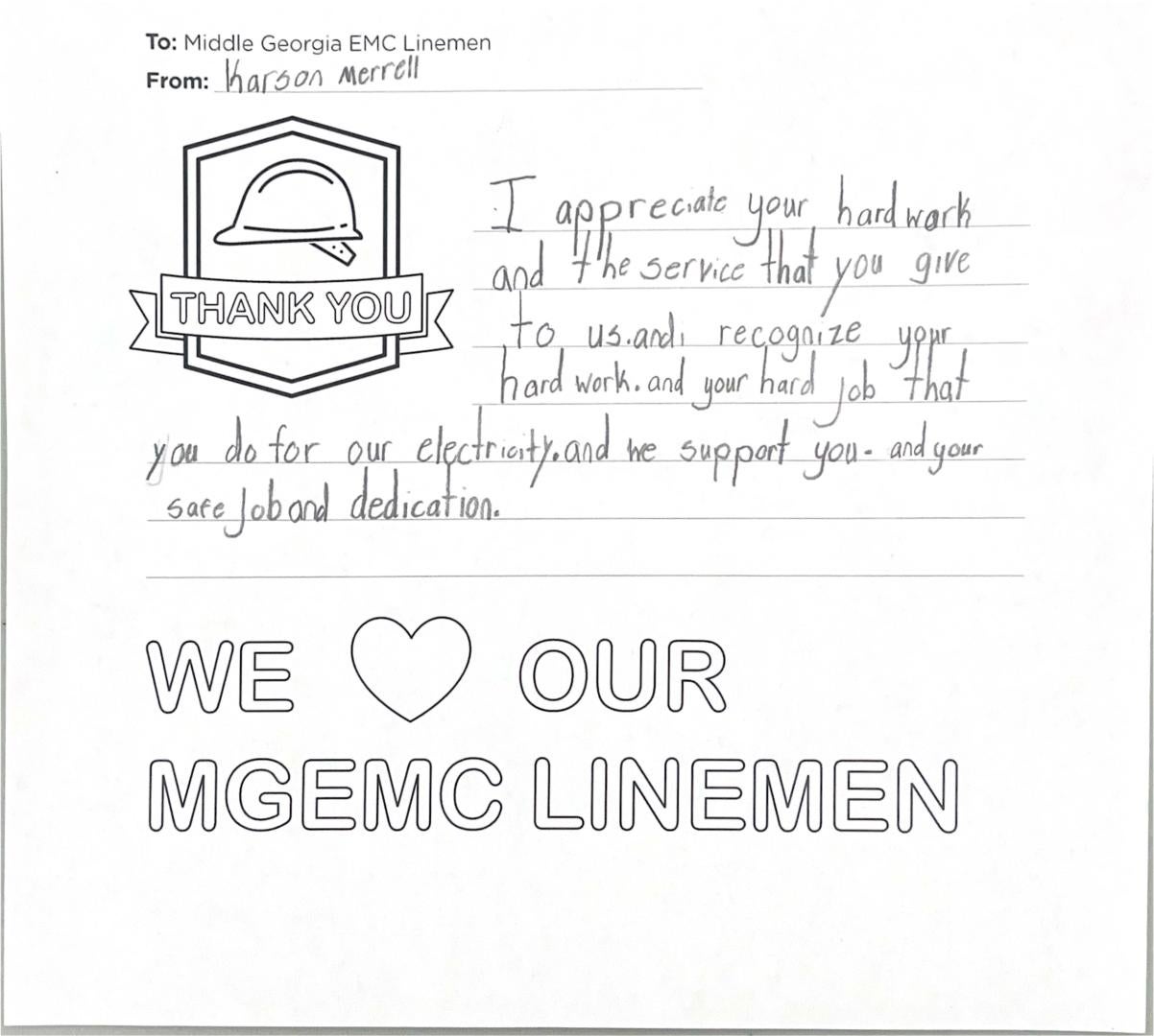 "Thank you, Middle Georgia EMC Linemen" Card from Student