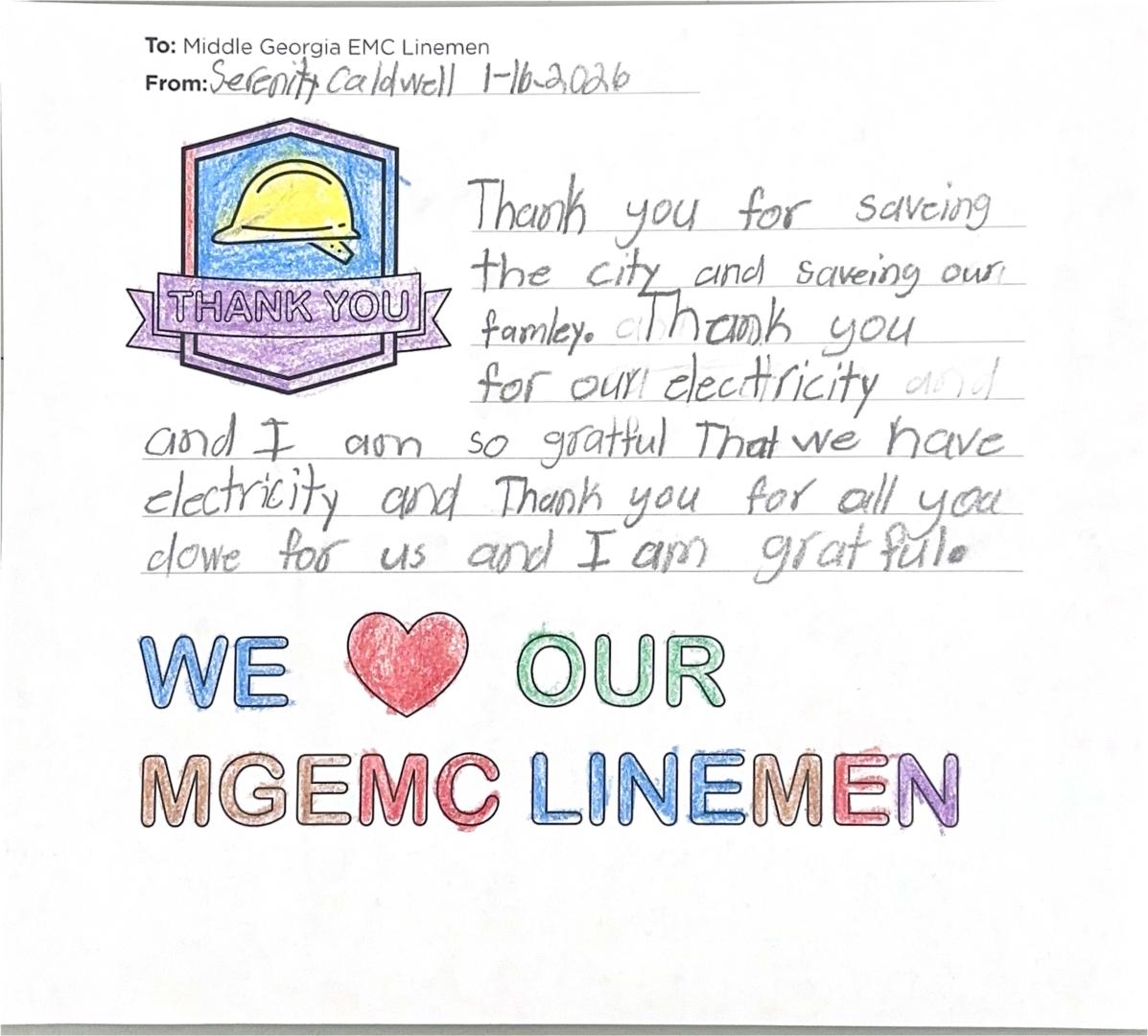 "Thank you, Middle Georgia EMC Linemen" Card from Student