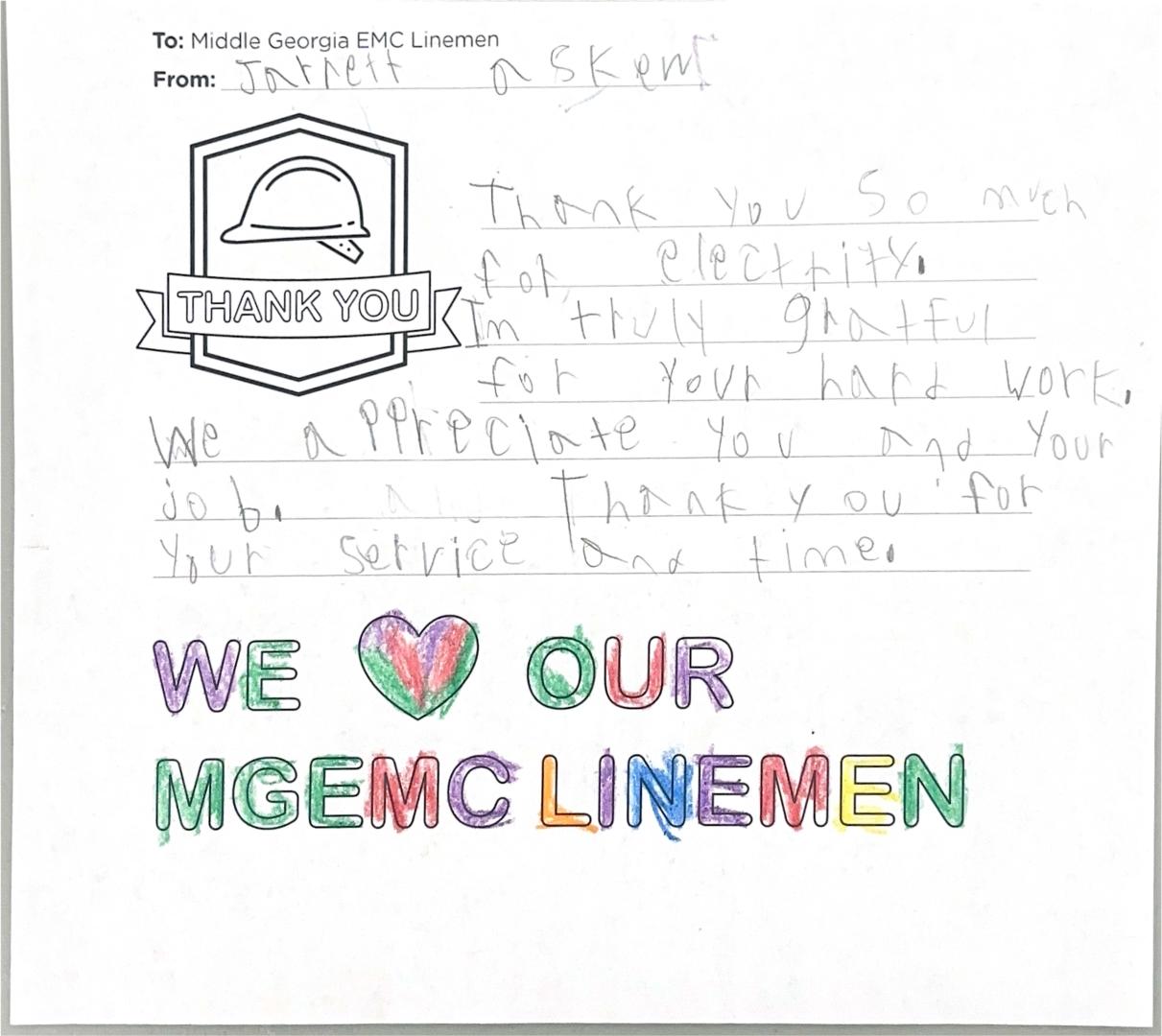 "Thank you, Middle Georgia EMC Linemen" Card from Student