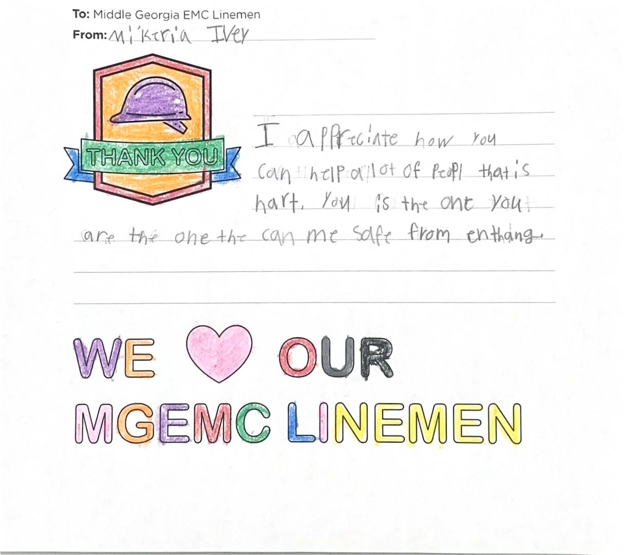 "Thank you, Middle Georgia EMC Linemen" Card from Student