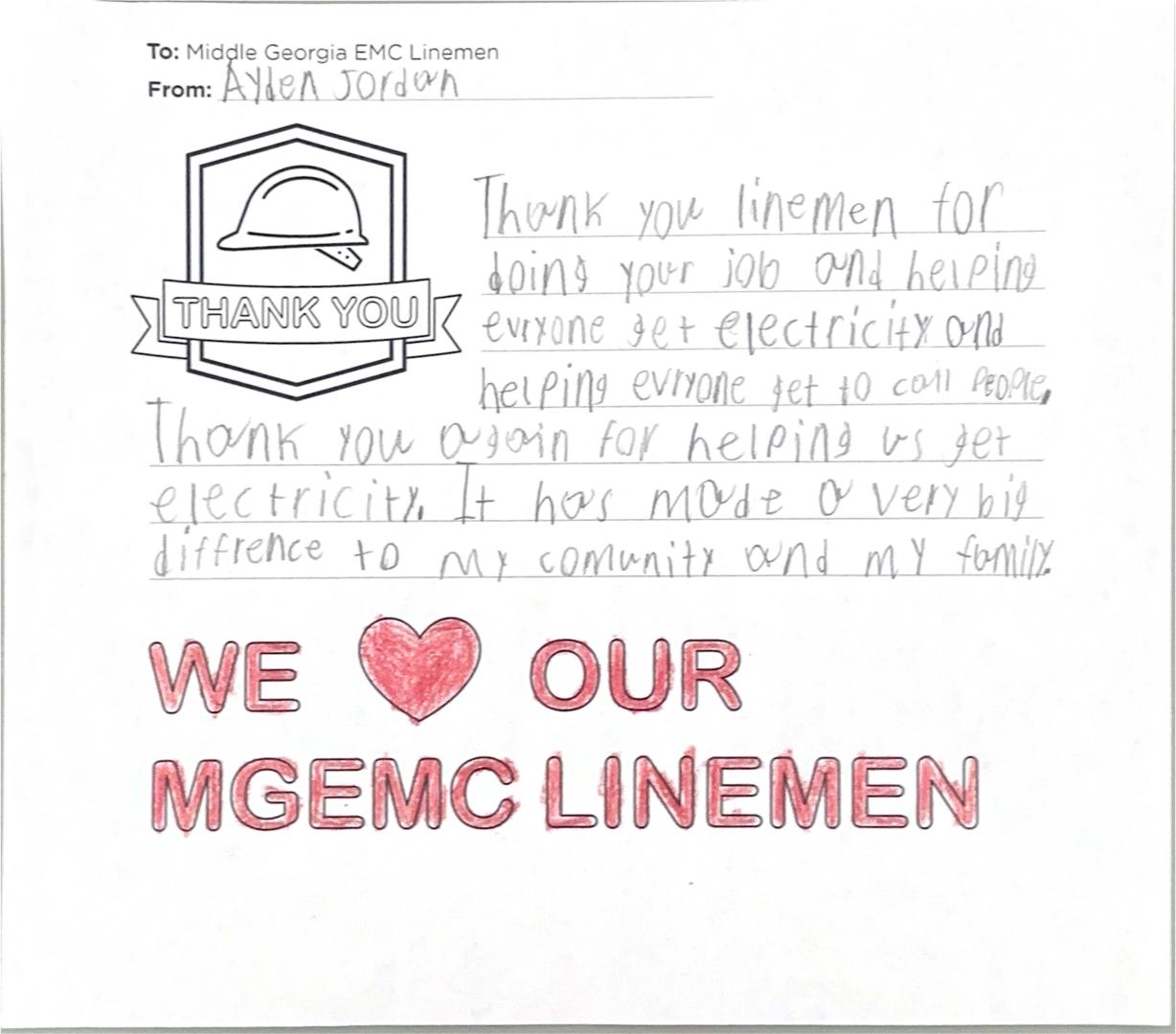 "Thank you, Middle Georgia EMC Linemen" Card from Student