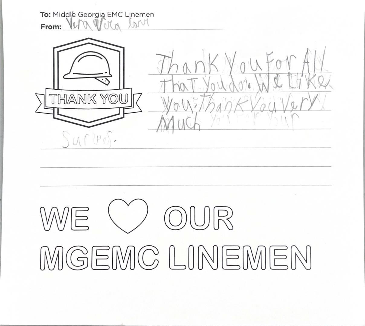 "Thank you, Middle Georgia EMC Linemen" Card from Student