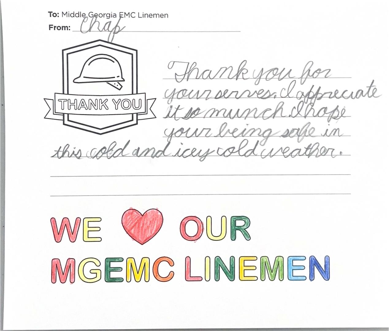 "Thank you, Middle Georgia EMC Linemen" Card from Student