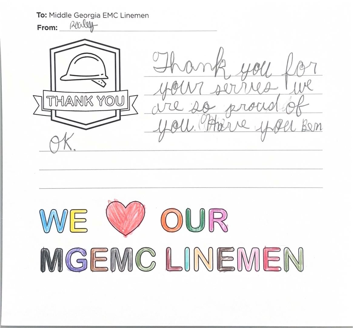 "Thank you, Middle Georgia EMC Linemen" Card from Student