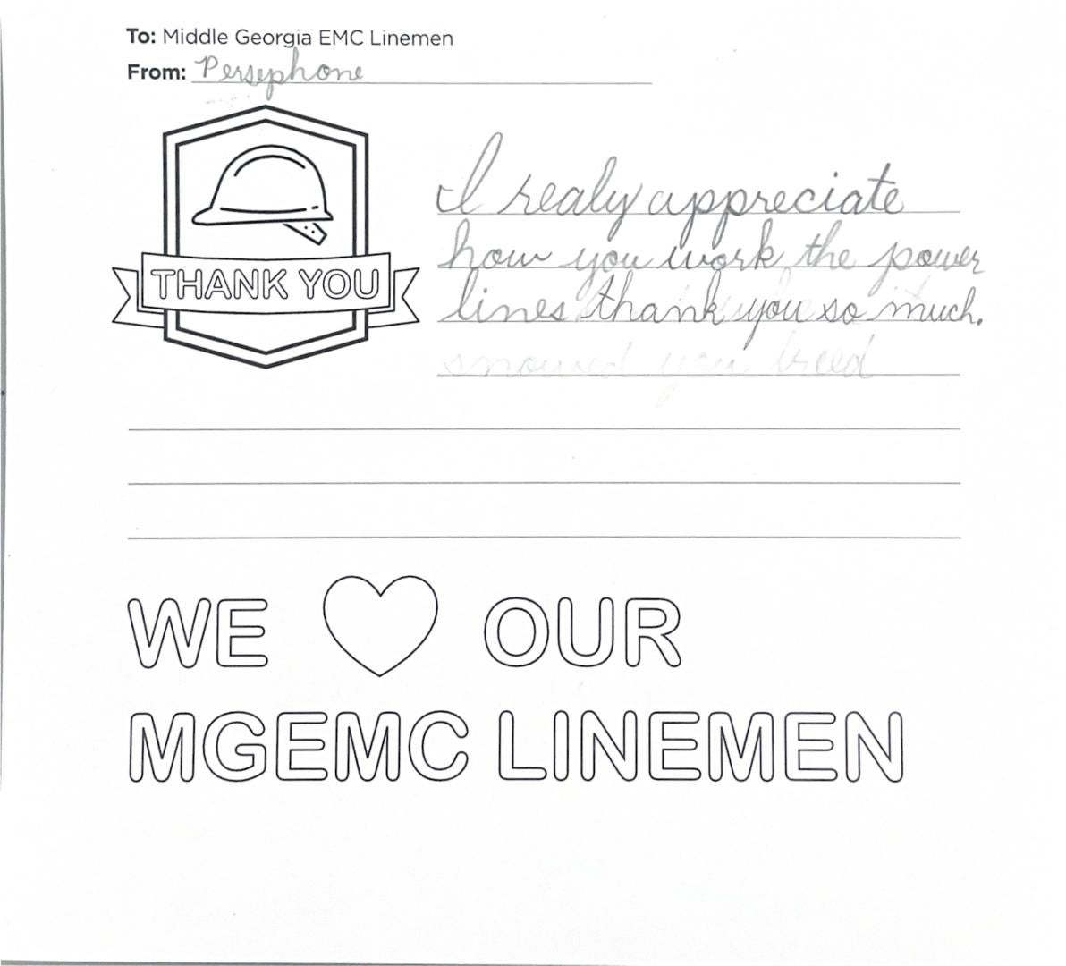 "Thank you, Middle Georgia EMC Linemen" Card from Student