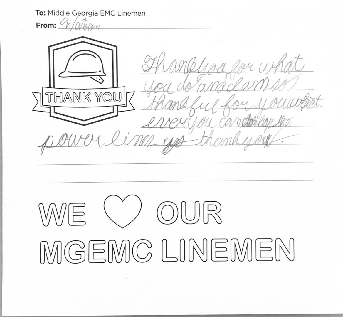 "Thank you, Middle Georgia EMC Linemen" Card from Student