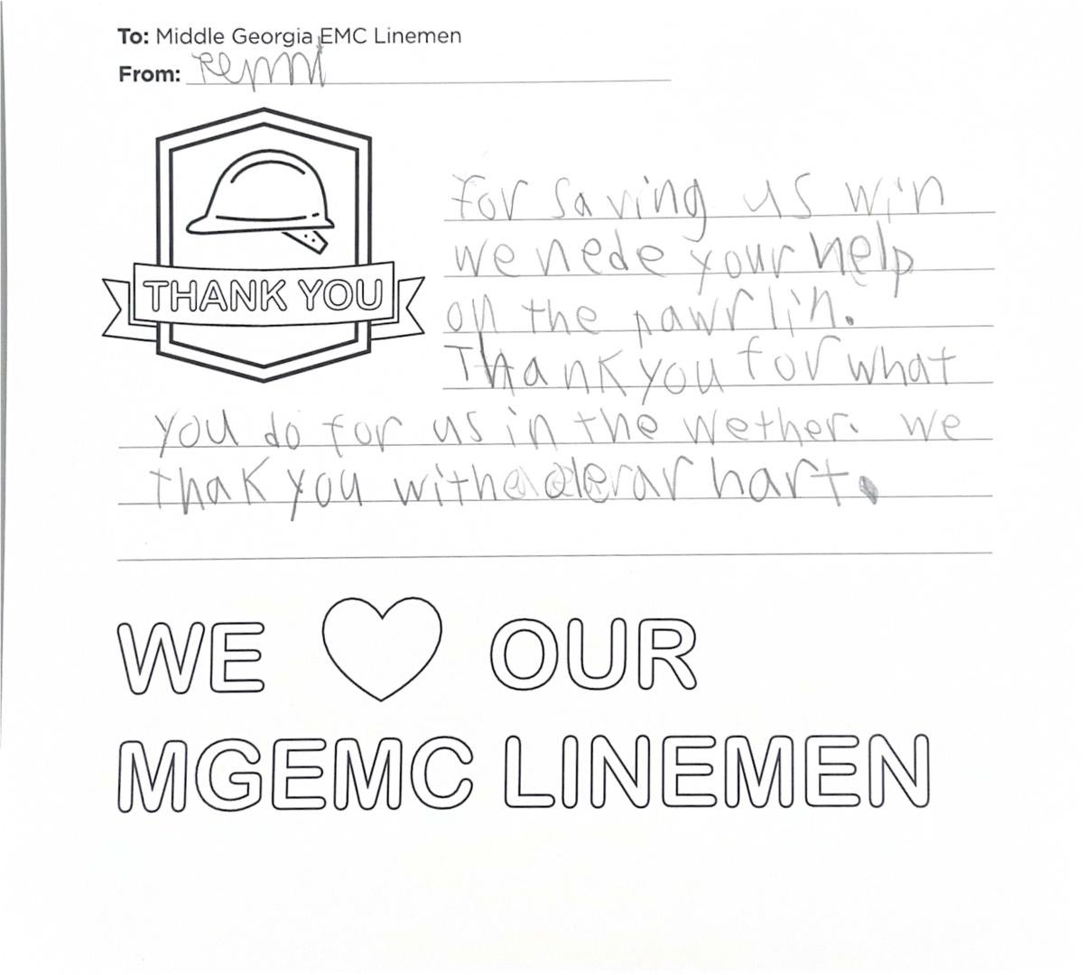 "Thank you, Middle Georgia EMC Linemen" Card from Student