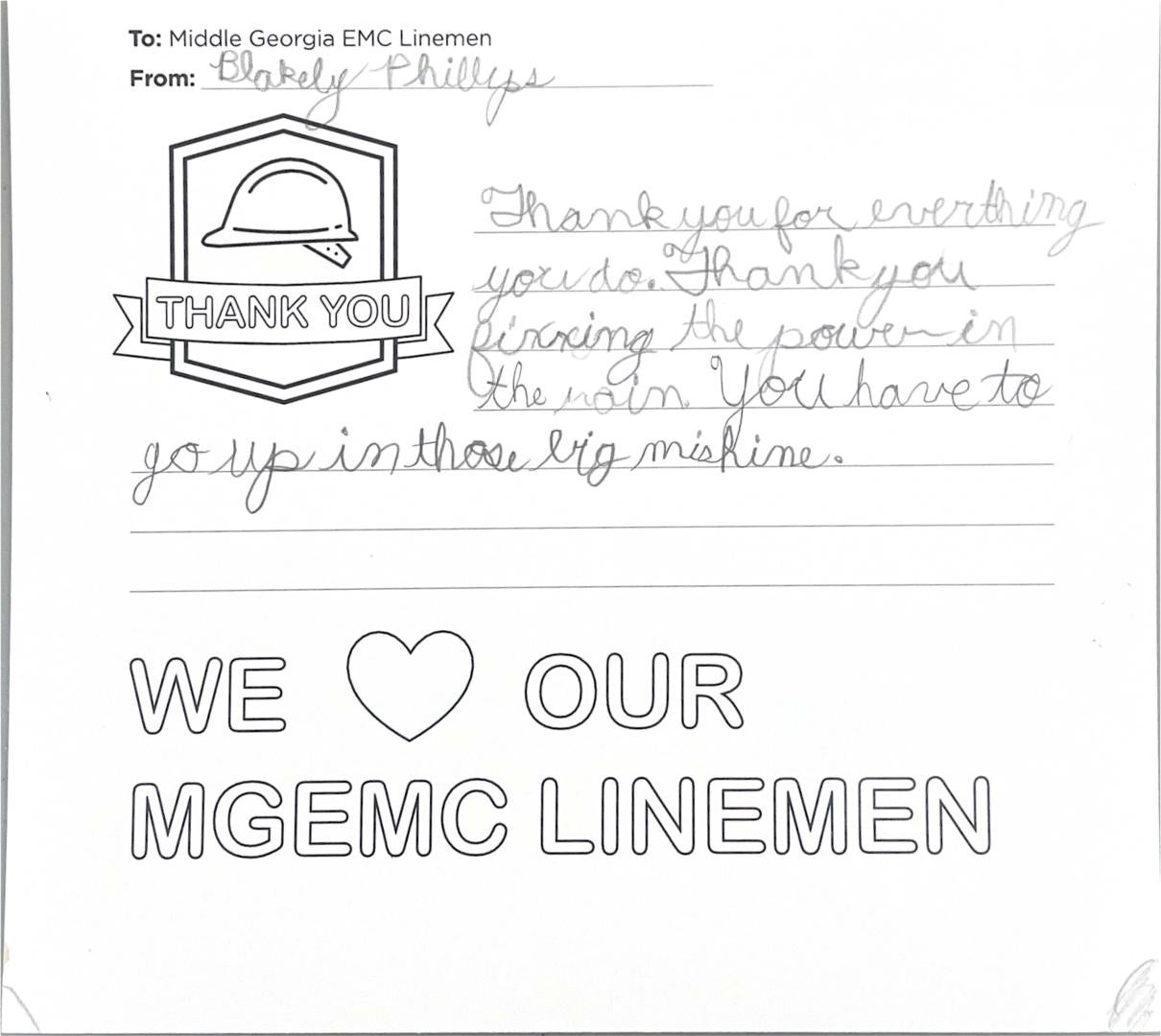 "Thank you, Middle Georgia EMC Linemen" Card from Student