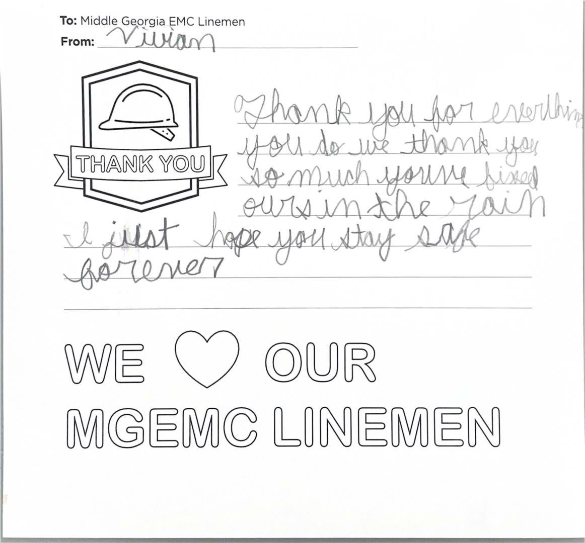 "Thank you, Middle Georgia EMC Linemen" Card from Student