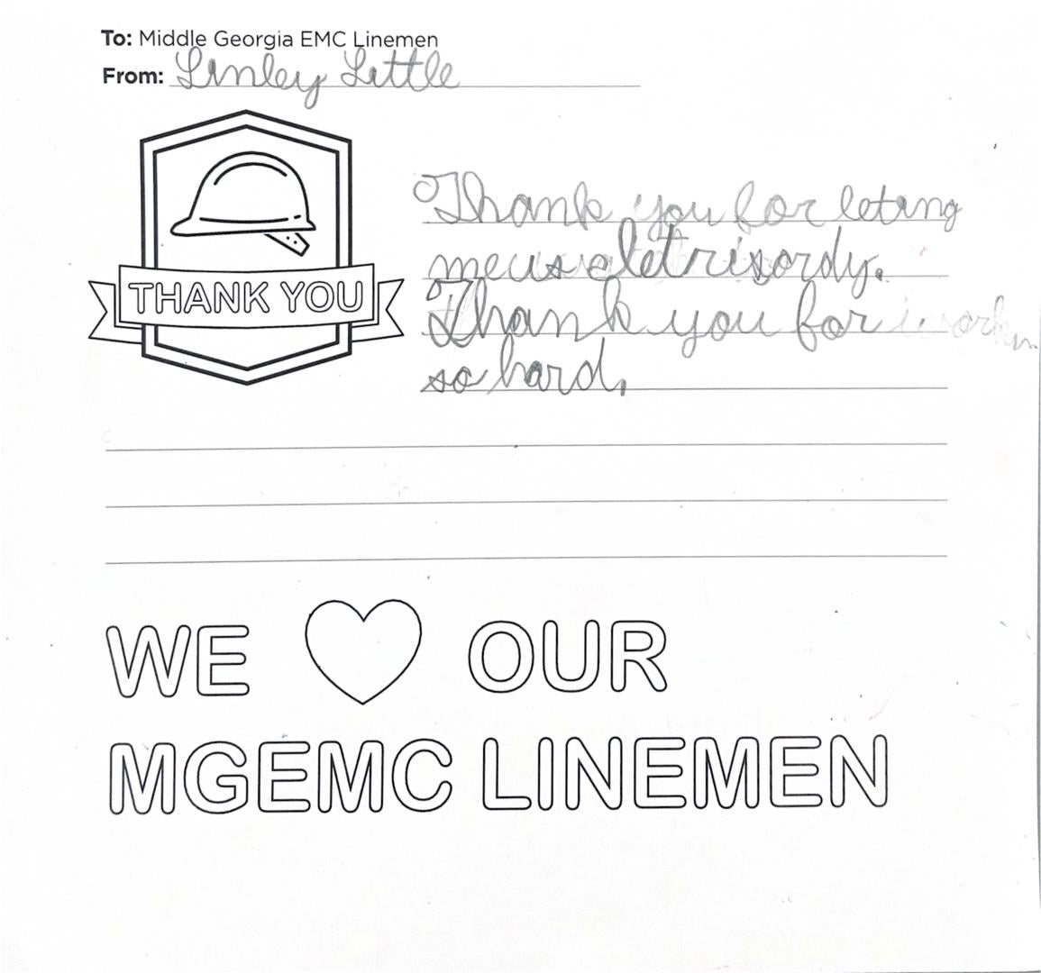 "Thank you, Middle Georgia EMC Linemen" Card from Student