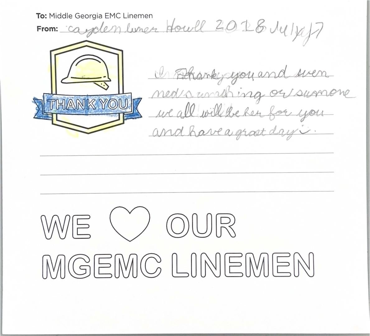 "Thank you, Middle Georgia EMC Linemen" Card from Student