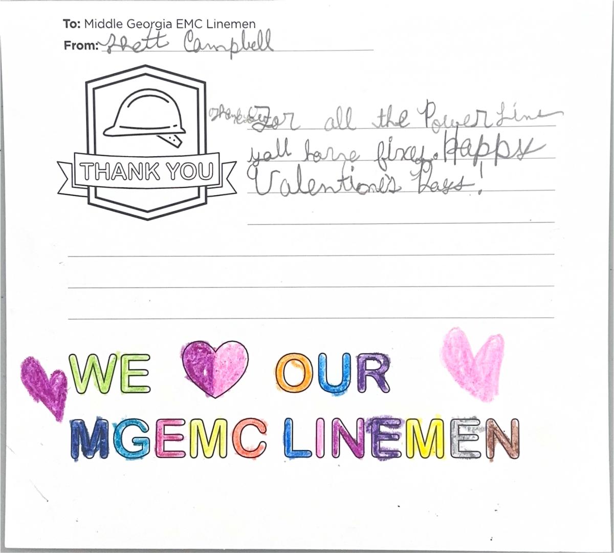 "Thank you, Middle Georgia EMC Linemen" Card from Student