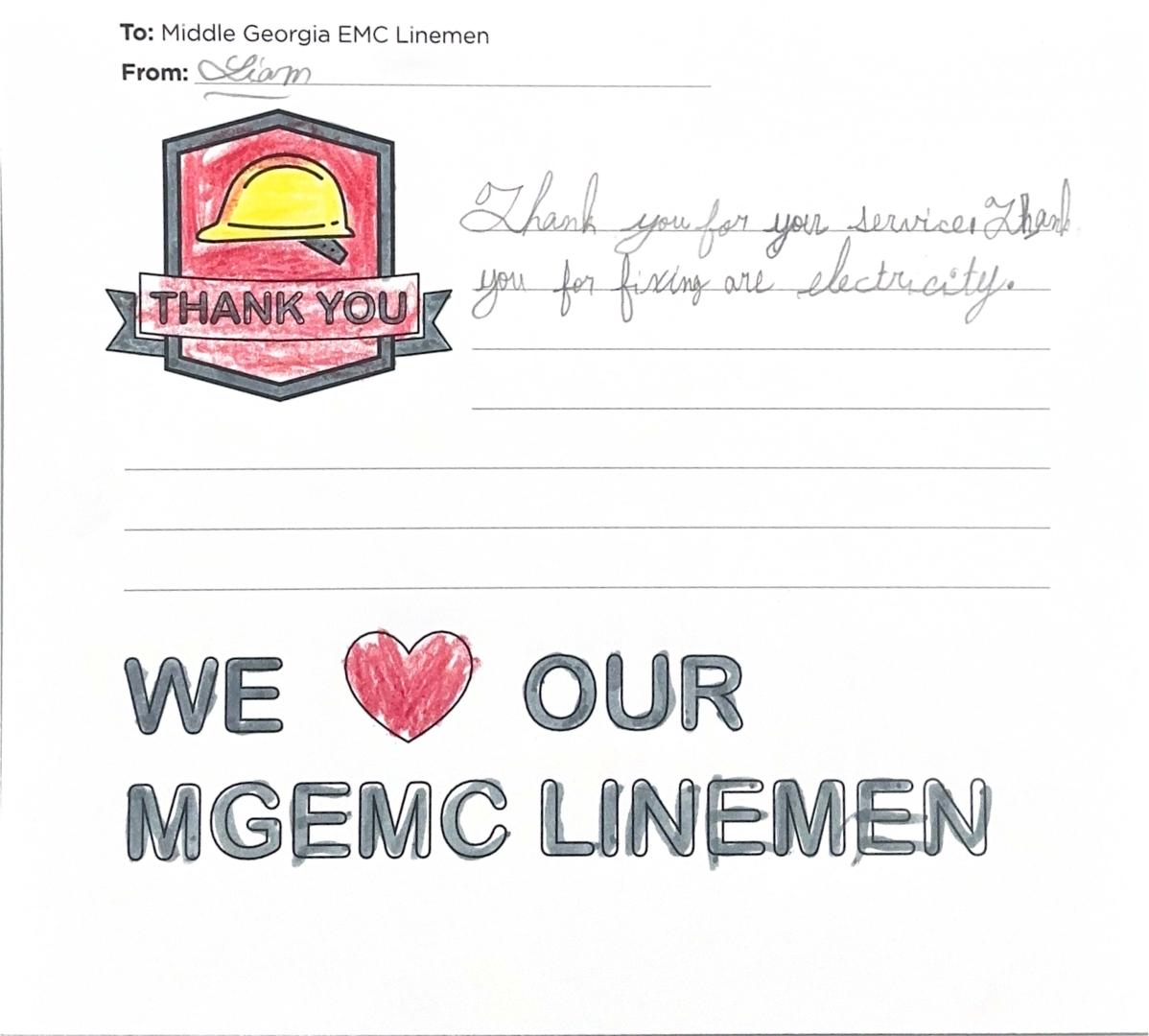 "Thank you, Middle Georgia EMC Linemen" Card from Student