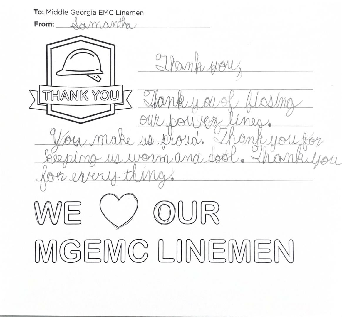 "Thank you, Middle Georgia EMC Linemen" Card from Student