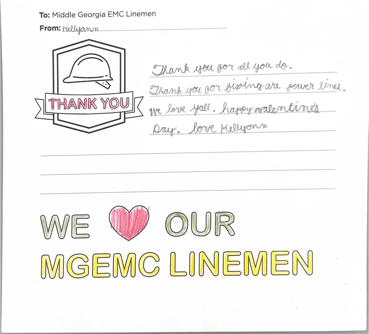 "Thank you, Middle Georgia EMC Linemen" Card from Student