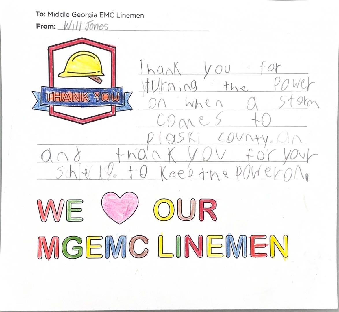 "Thank you, Middle Georgia EMC Linemen" Card from Student