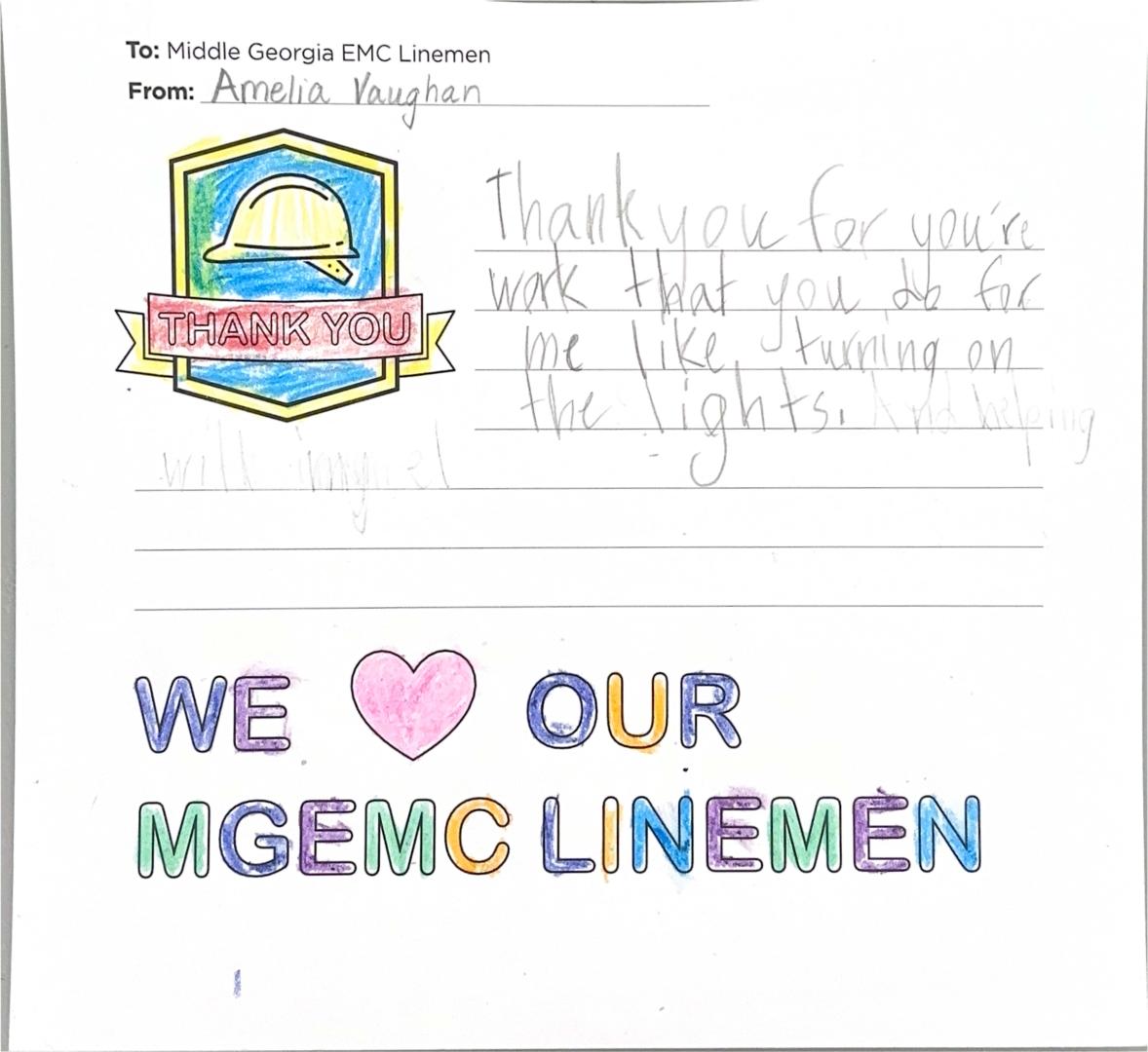 "Thank you, Middle Georgia EMC Linemen" Card from Student