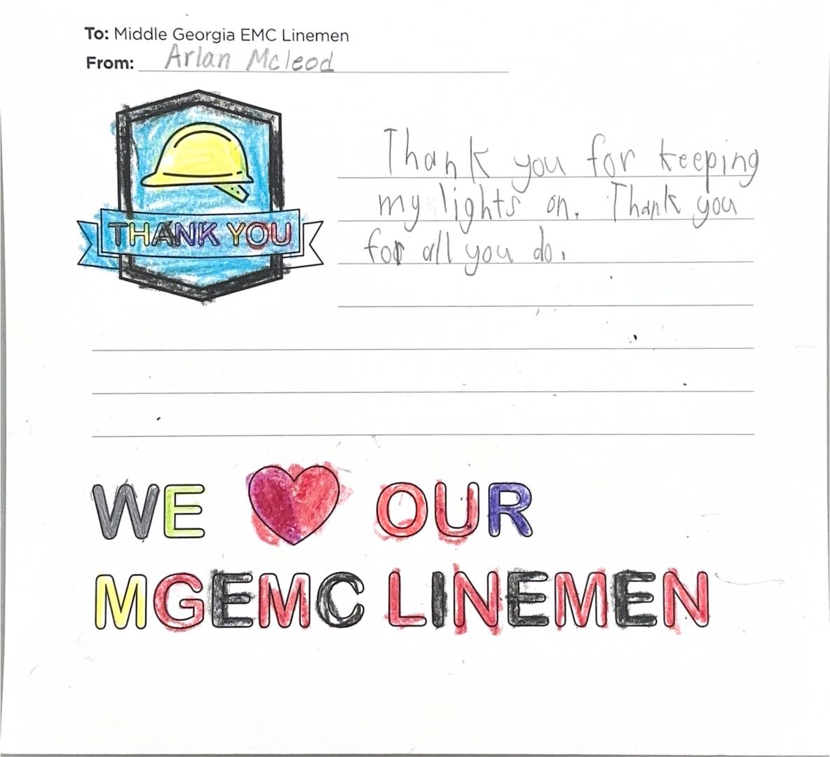 "Thank you, Middle Georgia EMC Linemen" Card from Student