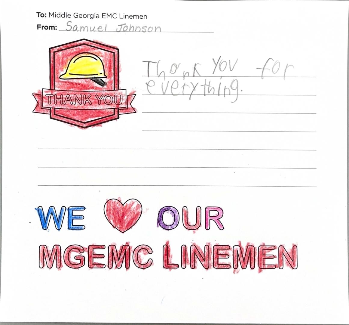 "Thank you, Middle Georgia EMC Linemen" Card from Student