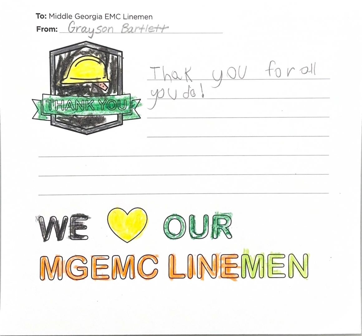 "Thank you, Middle Georgia EMC Linemen" Card from Student