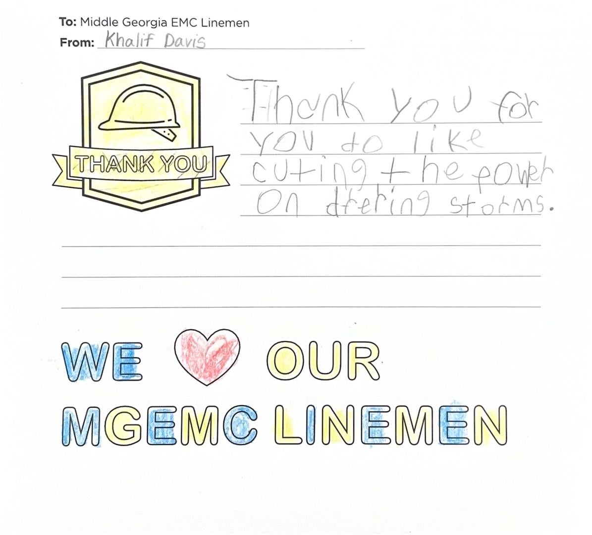 "Thank you, Middle Georgia EMC Linemen" Card from Student