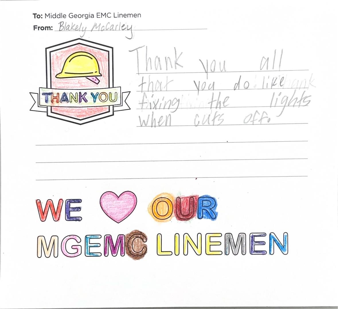 "Thank you, Middle Georgia EMC Linemen" Card from Student