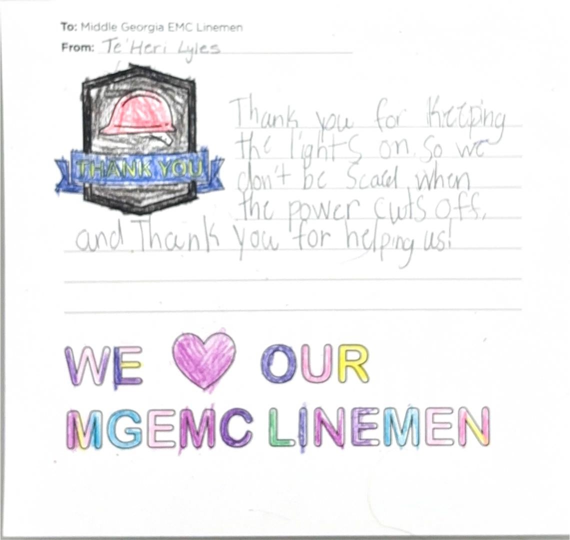 "Thank you, Middle Georgia EMC Linemen" Card from Student