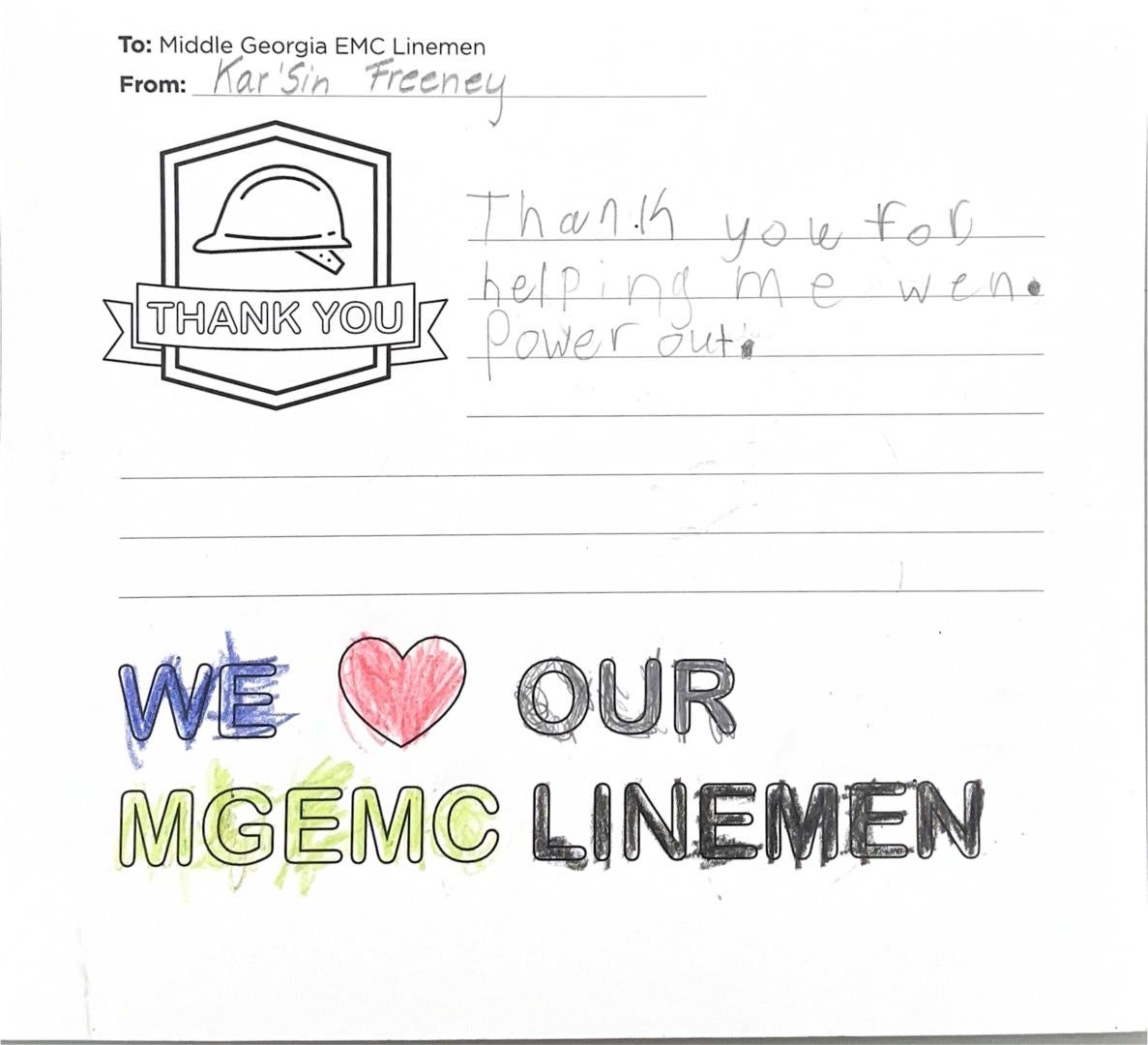 "Thank you, Middle Georgia EMC Linemen" Card from Student
