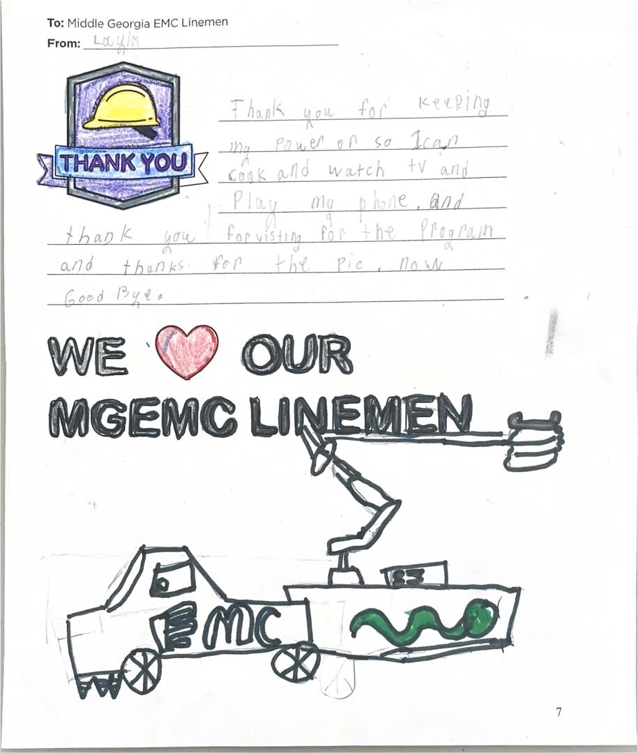 "Thank you, Middle Georgia EMC Linemen" Card from Student
