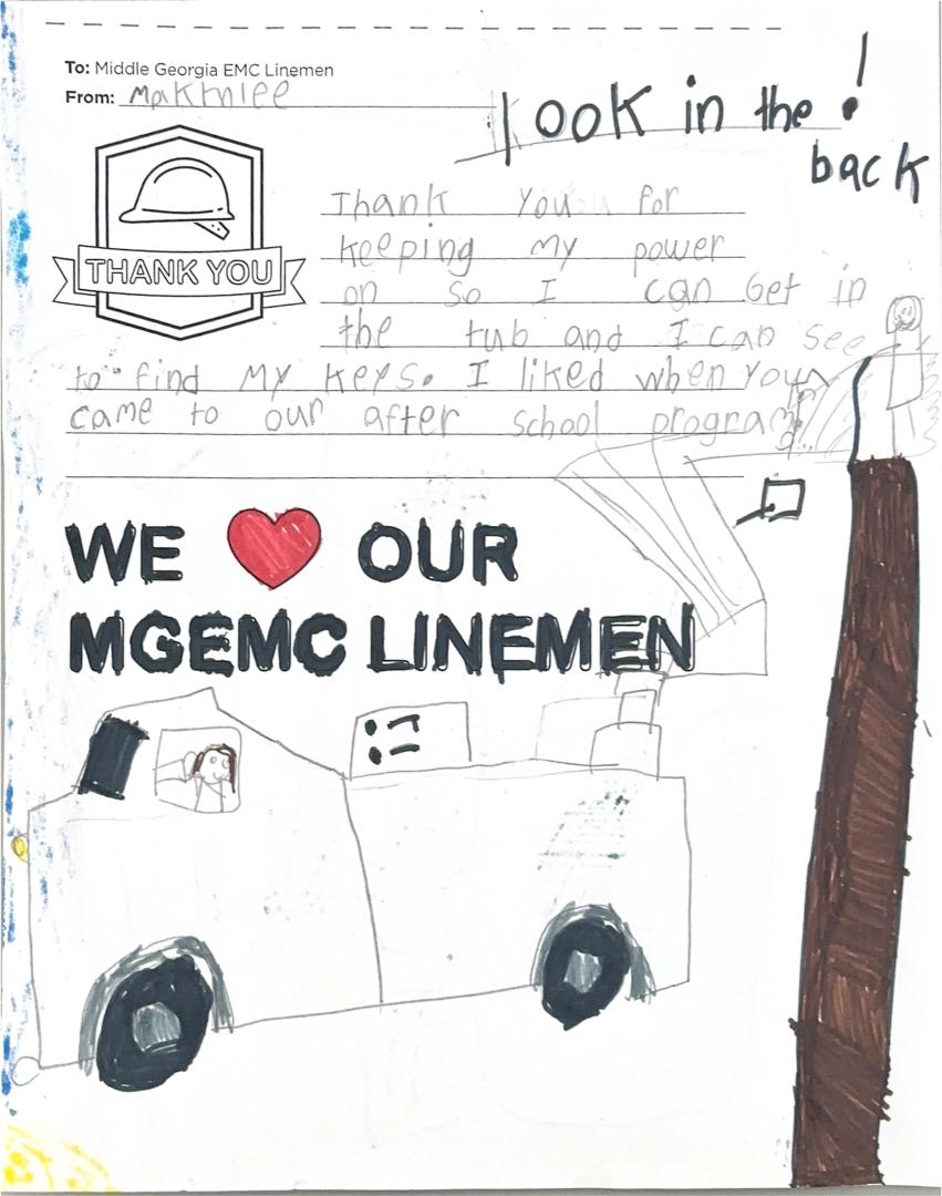 "Thank you, Middle Georgia EMC Linemen" Card from Student