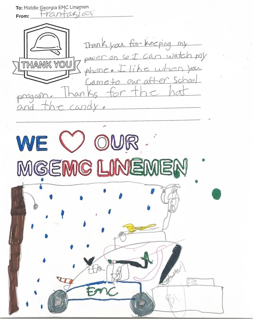 "Thank you, Middle Georgia EMC Linemen" Card from Student