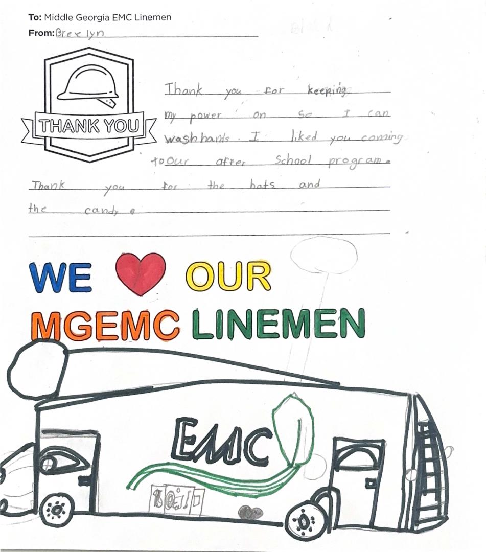 "Thank you, Middle Georgia EMC Linemen" Card from Student