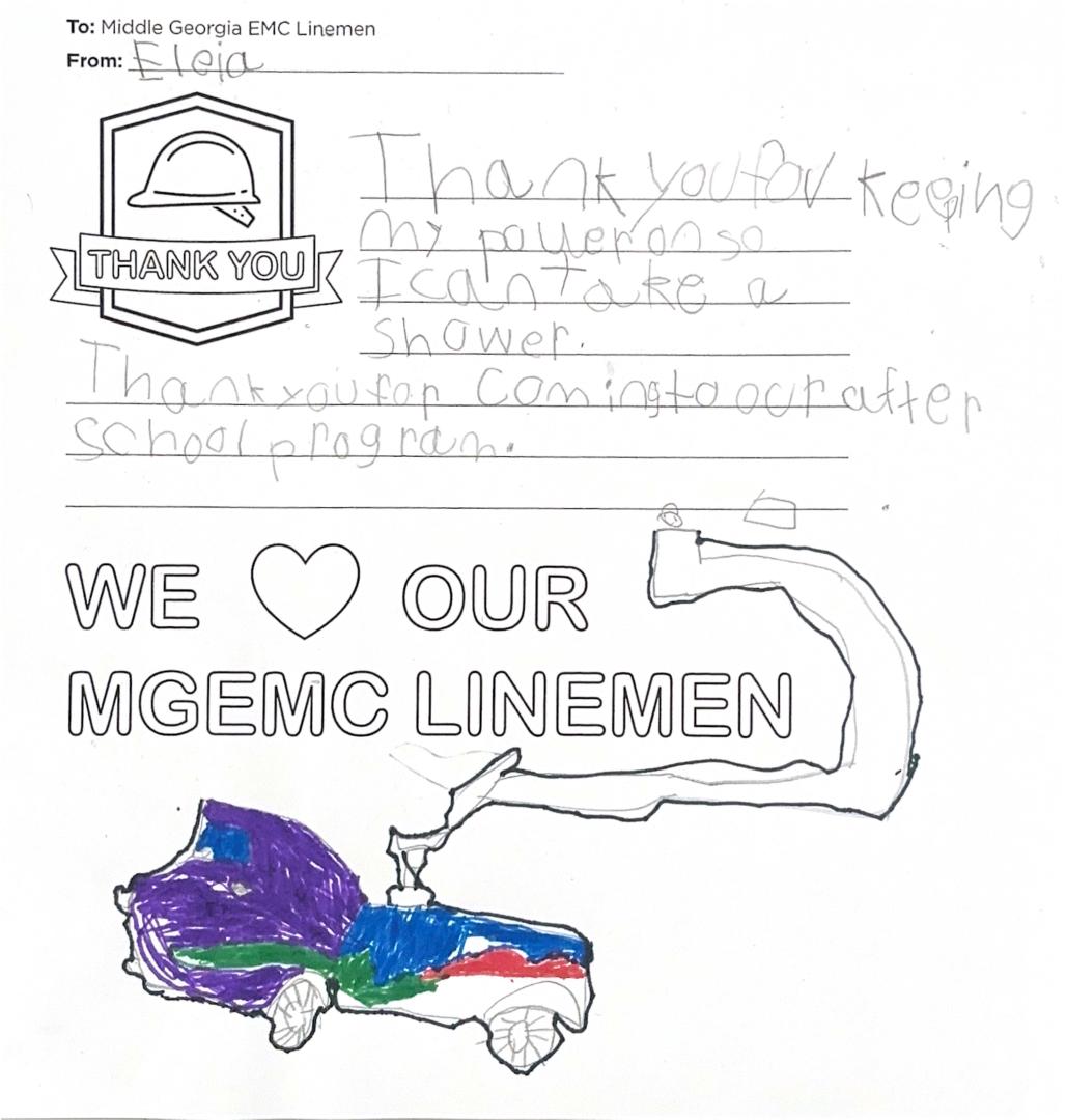 "Thank you, Middle Georgia EMC Linemen" Card from Student