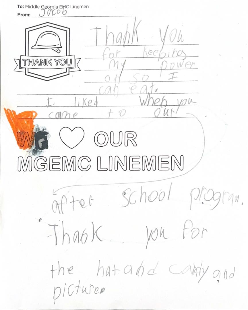 "Thank you, Middle Georgia EMC Linemen" Card from Student